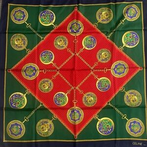 Celine Vibrant Red and Green Scarf with Gold Accents